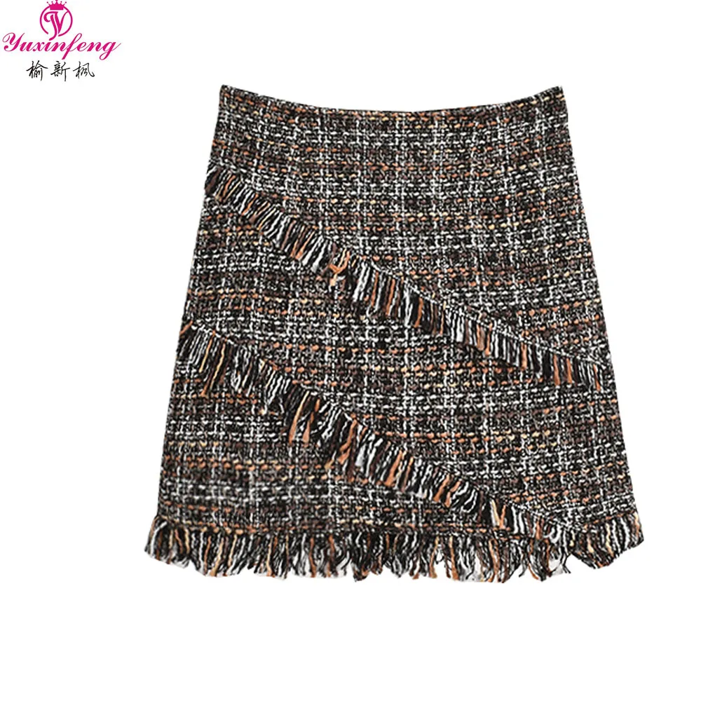 

Yuxinfeng Tassel Tweed Skirt Women Fashion Woolen Mini Skirts Ladies Vintage Short Skater Skirt High Waist Femininas