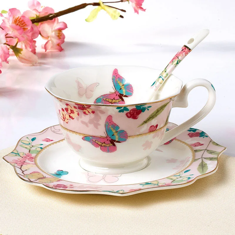 GLLead модная бабочка цветущая вишня керамическая кофейная чашка и блюдце садовый стиль чайная чашка фарфор с ложкой чайная чашка набор