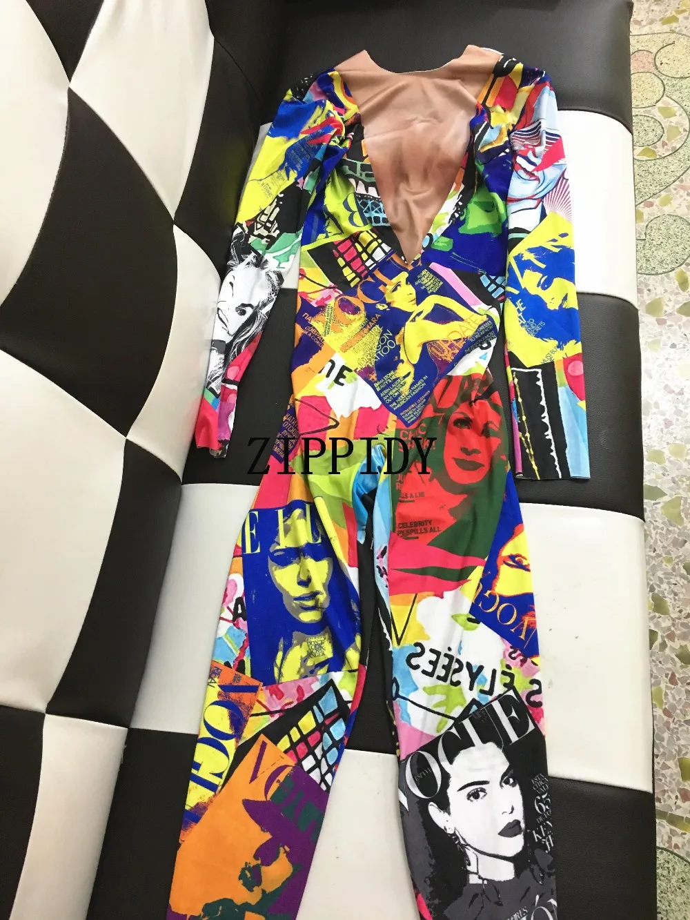 New Colorful Pattern Jumpsuit Long Sleeves Stretch Wear Women's Prom Party Bodysuit Female Singer Dance Nightclub Sexy outfit