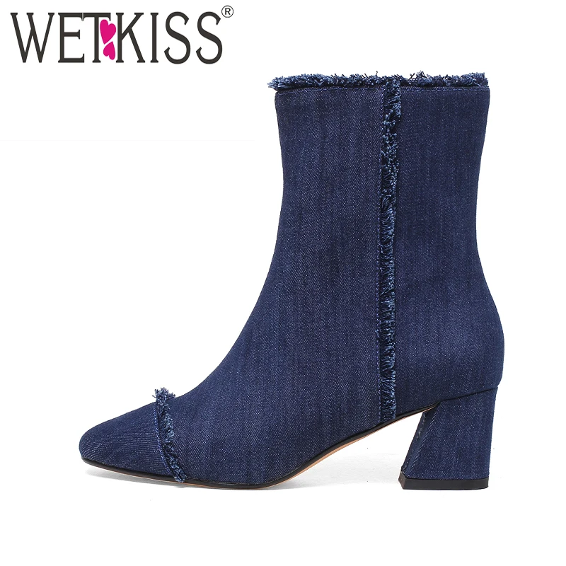 

2019 New Arrival Fashion Denim Ankle Boots Square Toe Spring Boots Brand High Hoof Heel Female Shoes Woman Side Zipper Shoes