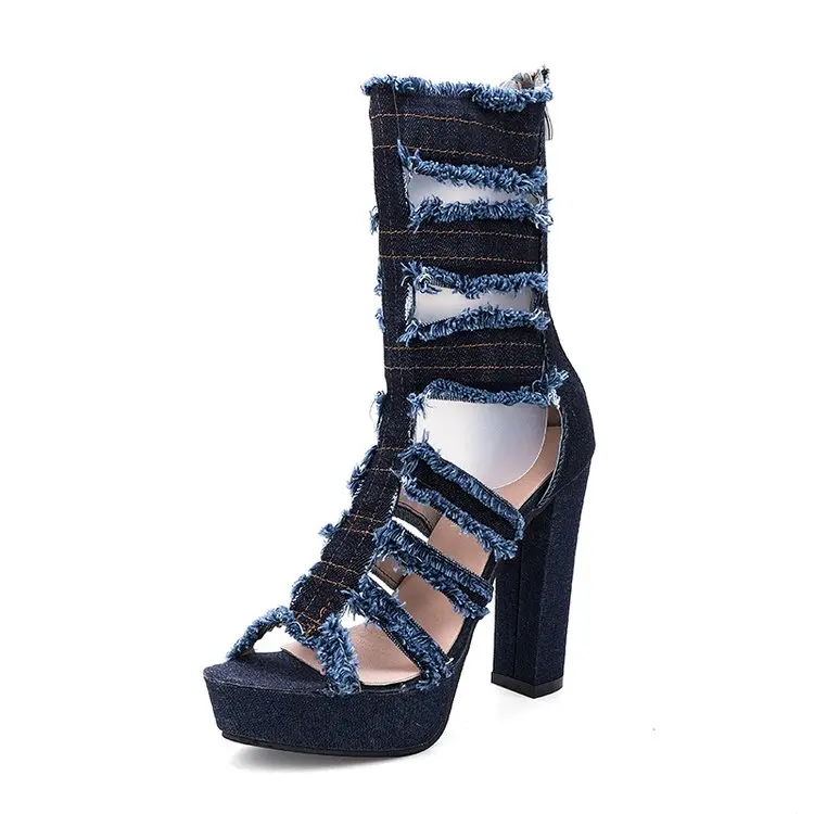 Летние женские ботинки из джинсовой ткани с открытым носком на очень высоком каблуке; однотонные женские свадебные туфли до середины икры на резиновой платформе с молнией; zapatos mujer; N60W - Цвет: dark blue