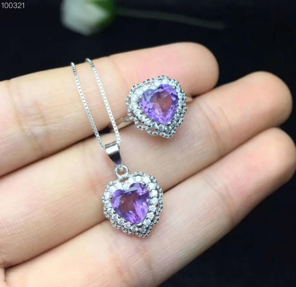 

925 Sterling Silver Heart Amethyst Pendent Necklace, Ring, Jewelry Set Natural Gemstone 7 x 7 mm