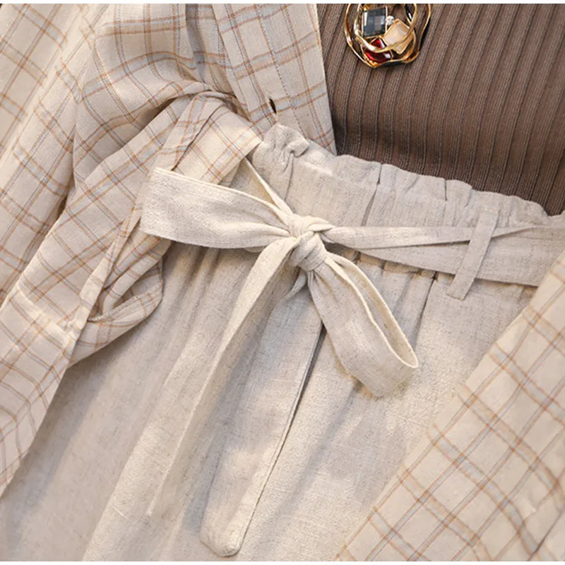 Осенний женский костюм, комплект из 3 предметов, клетчатые блузки, топы, эластичный пояс, шорты, наряд, широкие ноги, длинный рукав, женские костюмы