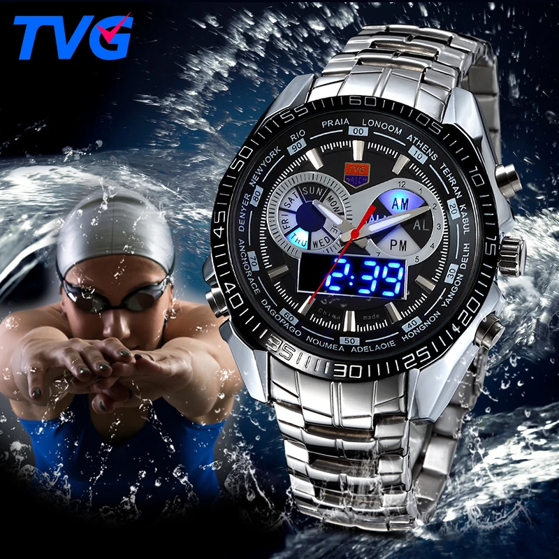 Prix pour TVG En Acier Inoxydable De Luxe bande De Mode Noir Montre Numérique Analogique LED double fuseau horaire de Sport Hommes 3ATM Étanche relojes hombre Prix pour TVG En Acier Inoxydable De Luxe bande De Mode Noir Montre Numérique Analogique LED double fuseau horaire de Sport Hommes 3ATM Étanche relojes hombre