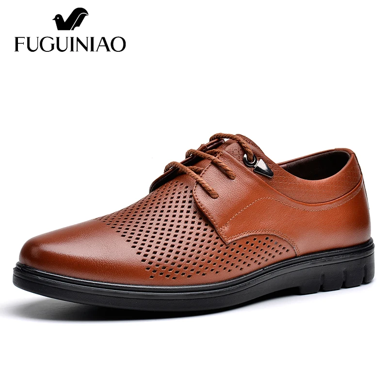 Летние дышащие туфли на плоской подошве!! FUGUINIAO/мужская повседневная обувь из натуральной кожи; Цвет Черный; коричневый; размер 38-44