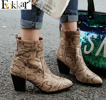 

Eokkar 2020 New Stylish Snake Prints Ankle Boots Women Pointed Toe PU Leather High Heel Dress Boots Yellow Shoe Plus Size 34-45