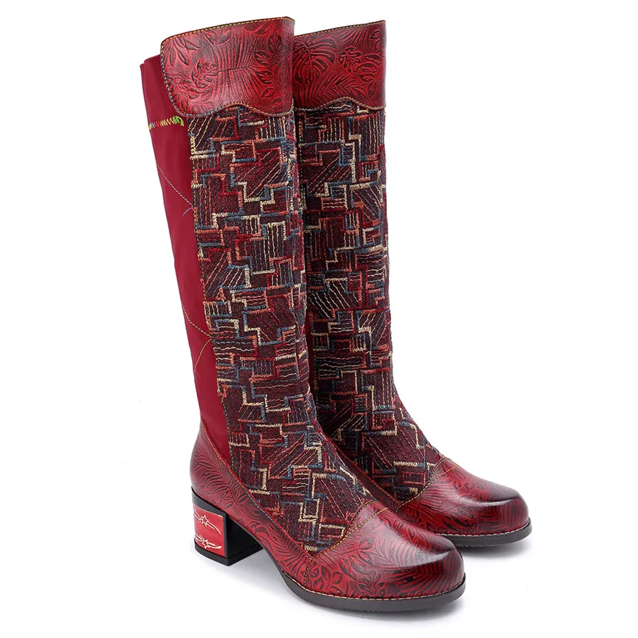 Handmade Genuine Leather Knee High Boots Women Shoes Vintage Patchwork Lady Embroider Shoes Zipper Heels Spring Autumn Boots New (17)