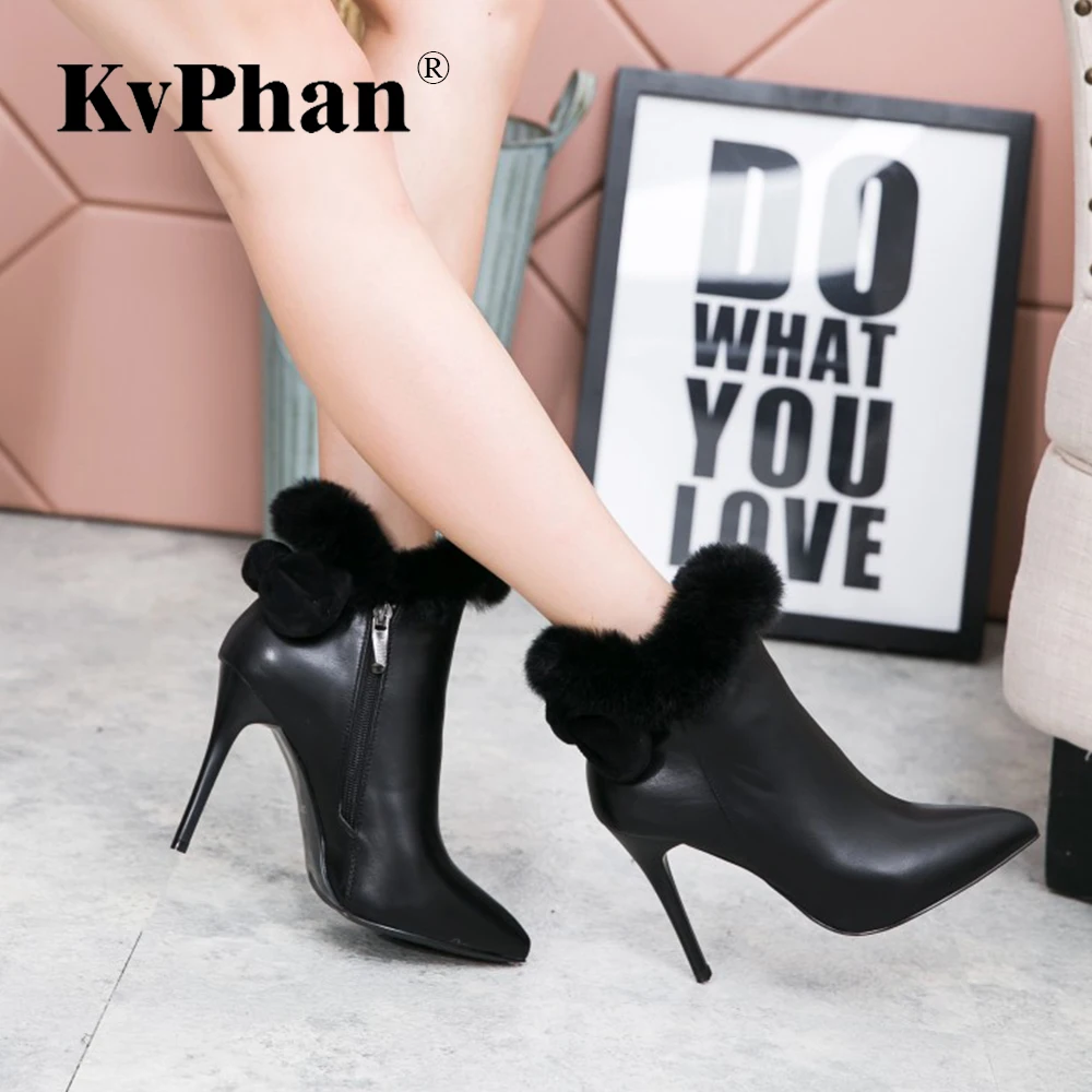 

KvPhan Spring Autumn Sexy Female Motorcycle Snow Boots Elegant Butterfly-knot Real Fur Pointed Toe Thin Heels 9 cm Lady's Shoes