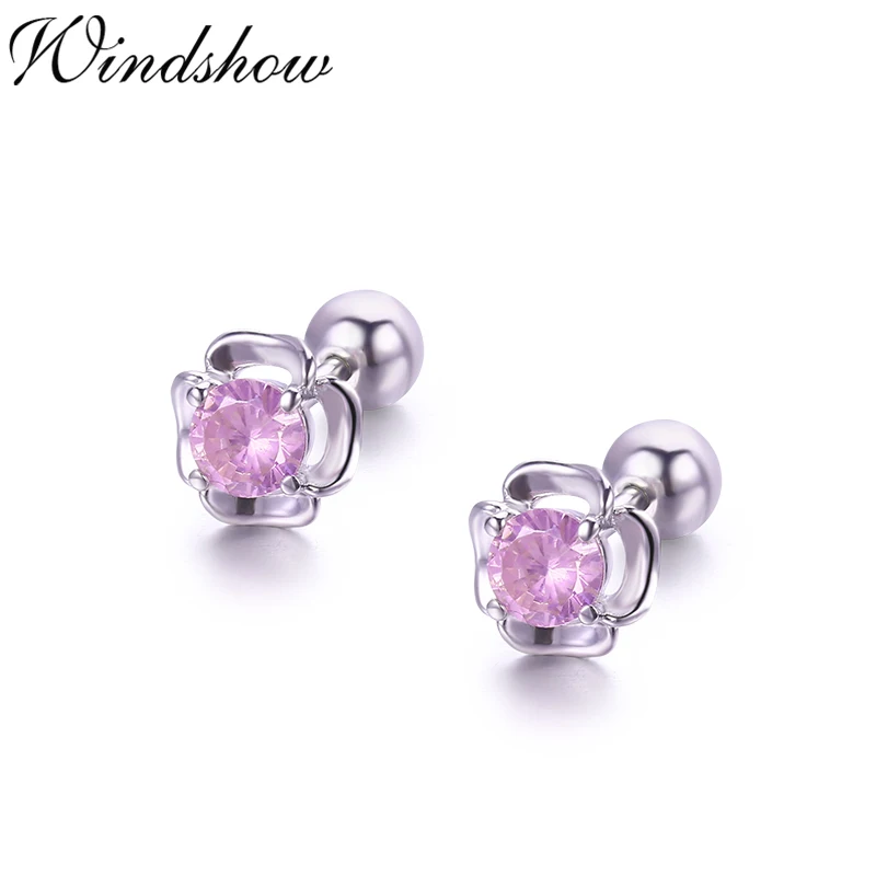 Милые 925 пробы Серьги-гвоздики с серебряным цветком и розовым фианитом для женщин и девочек, украшения для пирсинга Orecchini Aros Aretes