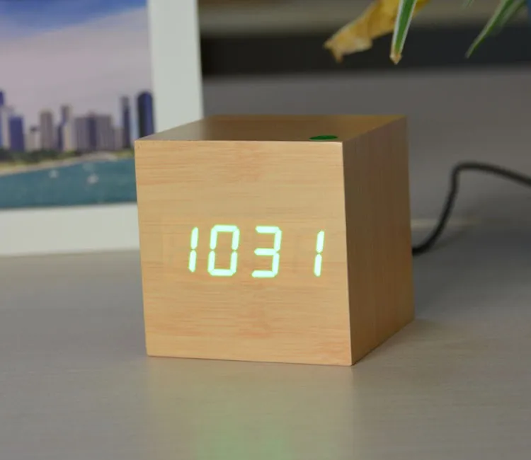 Mini Cube Wooden Clock Voice Control Electronic Table Clock LED Digital Desk Watch Nixie Radio For Children Bedside Alarm Clock