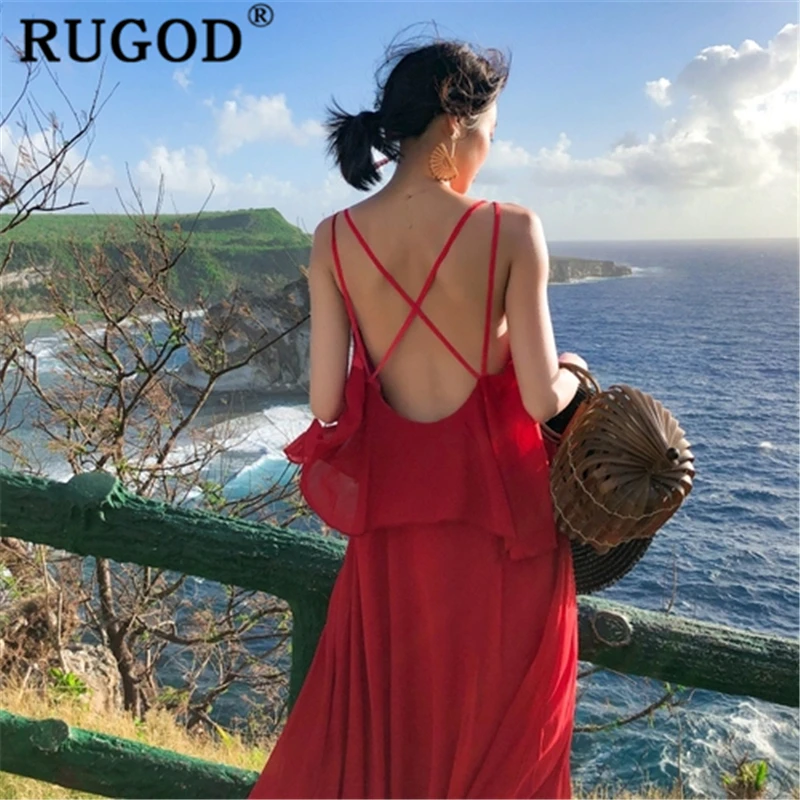 

RUGOD Sexy backless tied up loose solid women dress boho chic summer beach dress v neck holiday modis femme sukienki kimono