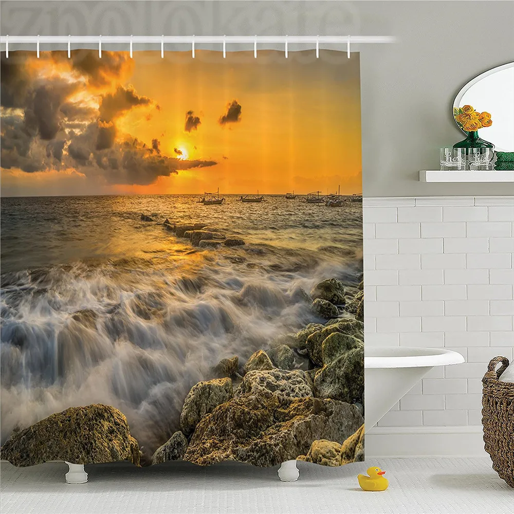 

Balinese Sunrise at Sanur Bali Indonesia Rocky Shore Romantic Morning Ships Tropical Landscape Polyester Bathroom Shower Curtain