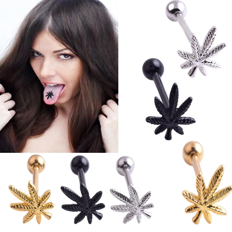 

1PC Tongue Earring Maple Leaf Piercing Tongue Rings Bars Girls 14G Tongue Piercing Barbells Quality Body Ring Jewelry