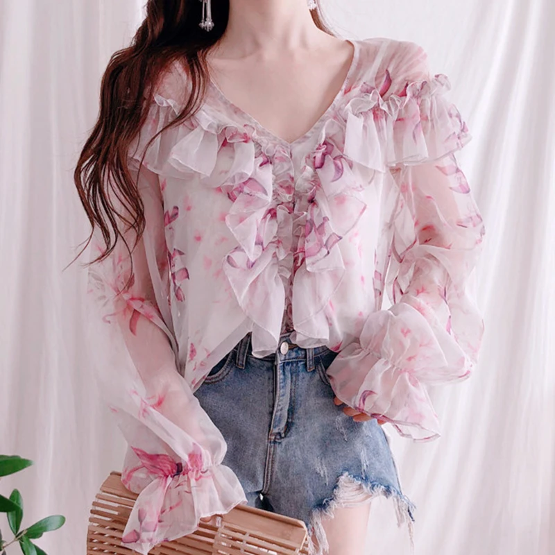 

Sheer Transparent Flower Print Blouse Ruffles Shirt Women Top Romantic Sexy Chemise Femme Chemisier Blusa Mujer Camisa