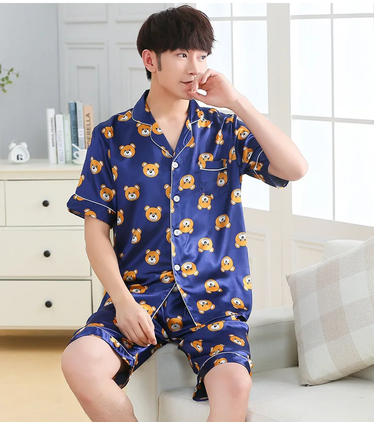 BZEL/парный пижамный комплект с короткими рукавами+ шорты, одежда для сна, пижама с медведем, атласная одежда для влюбленных, летняя Пижама, женская пижама