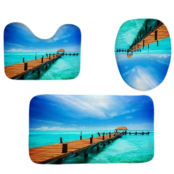 

4Pcs Home Bathroom Decor Set Small Bridge Pattern Toilet Seat Cover Bath Mat Set+Waterproof Shower Curtain