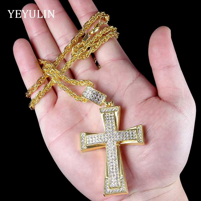 Ожерелье в стиле хип-хоп с подвеской в виде золотого Креста, стразы, металл, для женщин и мужчин, сверла, сплав, крест, длинный свитер, цепочка, ожерелье, ювелирное изделие