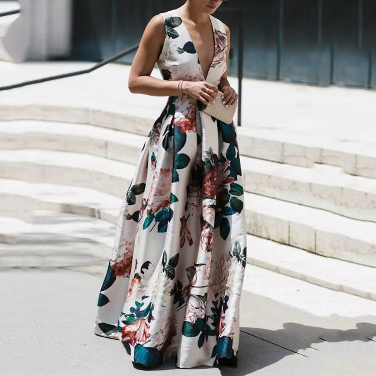 

2019 Summer Print Sexy Dress Women Elegant Party Dress Sleeveless Vintage Casual Fashion White Maxi Dress
