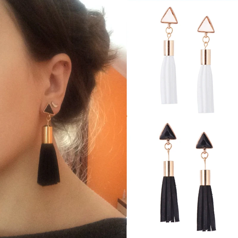 

E077 Hot Sale Black White Leather Tassel Earrings For Women Girl Statement Ear Jewelry Excellent Gift Wholesale Drop Shipping