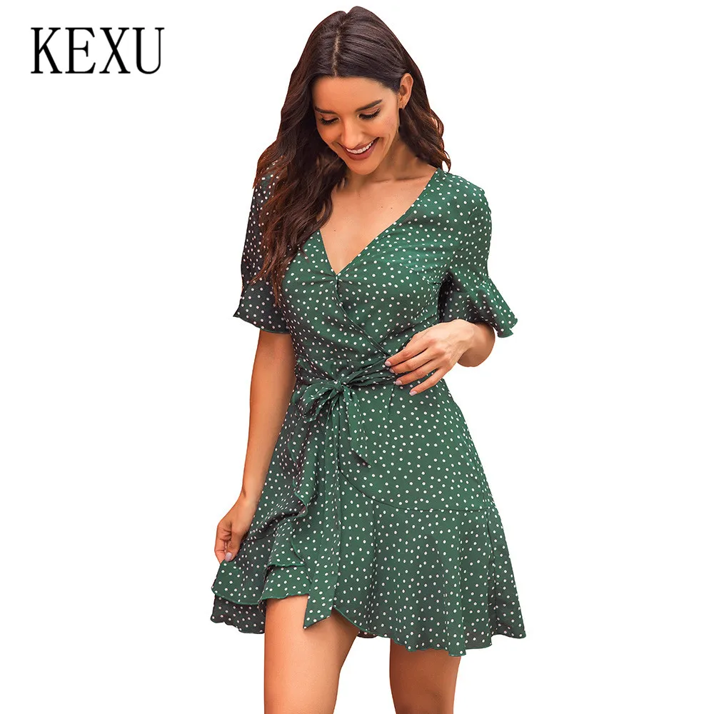 

KEXU V-neck Print Wavelet Point Horn Sleeves Strap Waist Holiday Double Ruffled Short Dress Summer Bohomian Beach Casual Dress