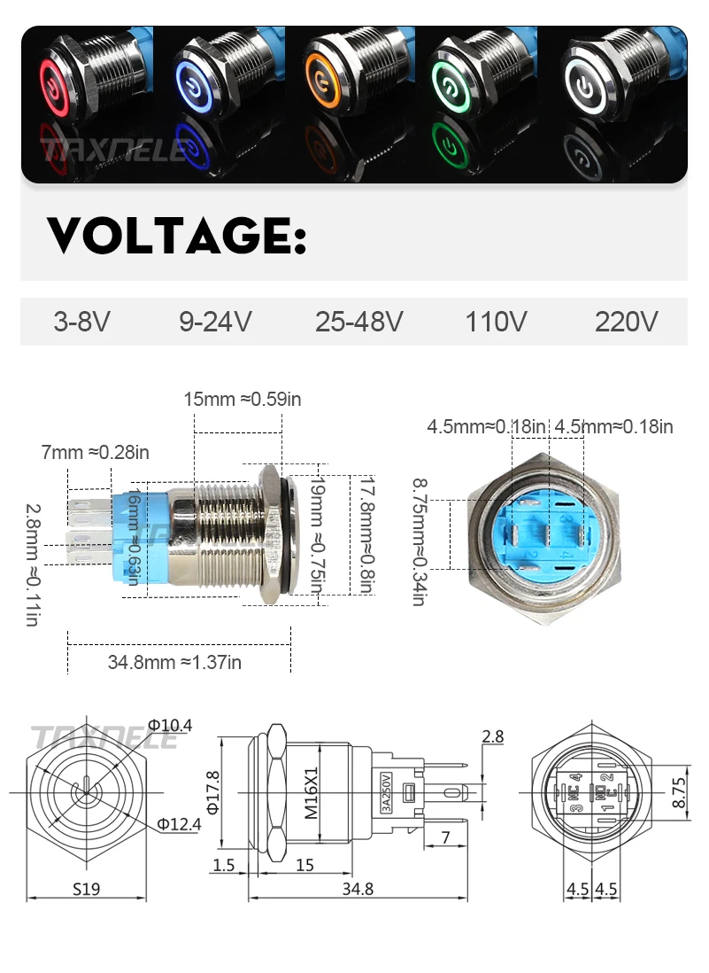 16 мм 9-24 V 12 V 110 V 220 V Водонепроницаемый металлическая кнопка коммутатор с светодиодный свет мощность сигнала тип с защёлкой 1NO 1NC широкий напряжения