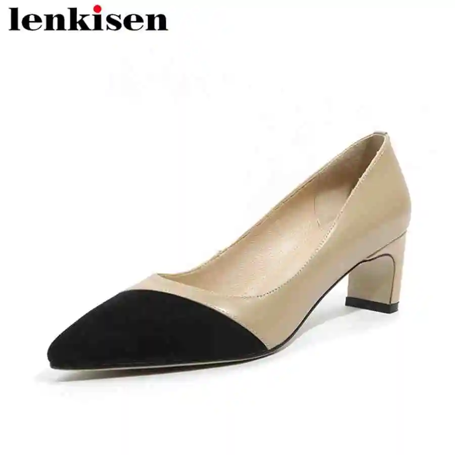 

Lenkisen mixed colors handmade pointed toe slip on original design med heels genuine leather dressing shopping women pumps L19