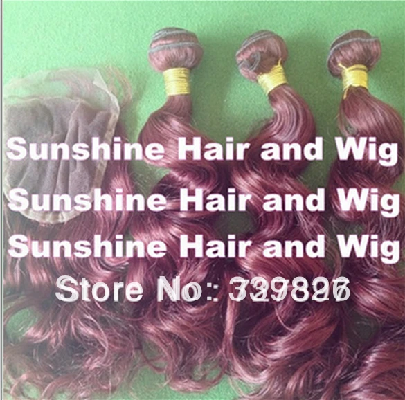 New arrive 4pcs /Lot 8&quot-30&quotburgundy color #99j body wave1pcs closure and 3pcs wefts brazilian human hair extension Free Shipping |