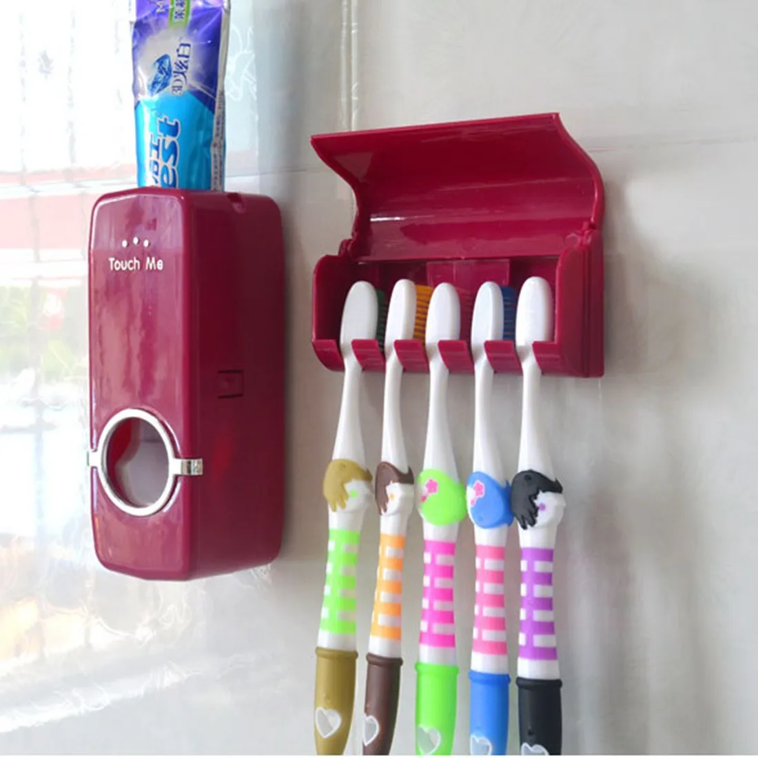 New Wall Mount Stand Auto Automatic Toothpaste Dispenser+5 Toothbrush Holder Set 