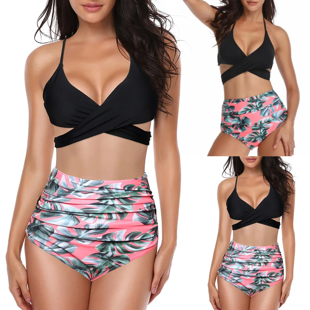 FREE OSTRICH Women's leaf print split high waist thickening bra tube top low waist large size female beachwear women's