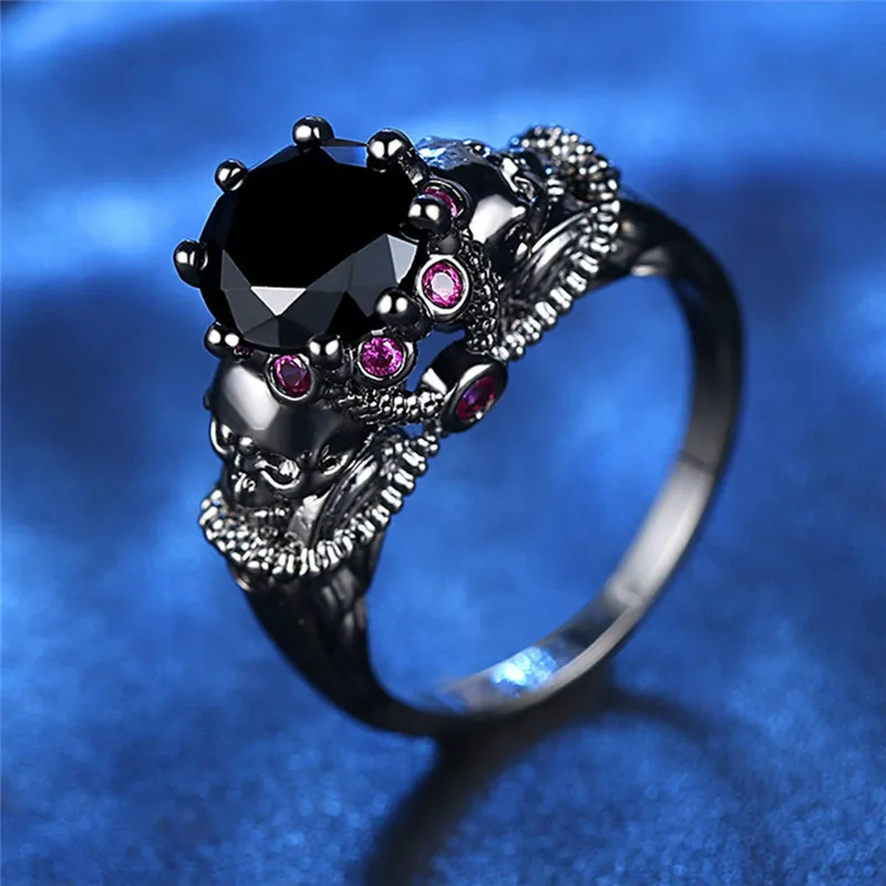 Готический Радужный камень кольца для женщин черный панк, череп, Скелет Кристалл Циркон Кольца девушка подарок Хэллоуин ведьма палец кольца R4