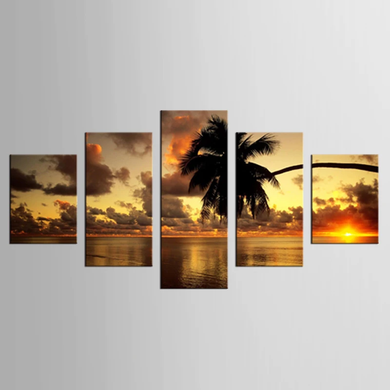 

HD printed 5 piece Sunset Beach Coconut Trees Modular Wall Paintings Canvas Home Decor Posters and Prints