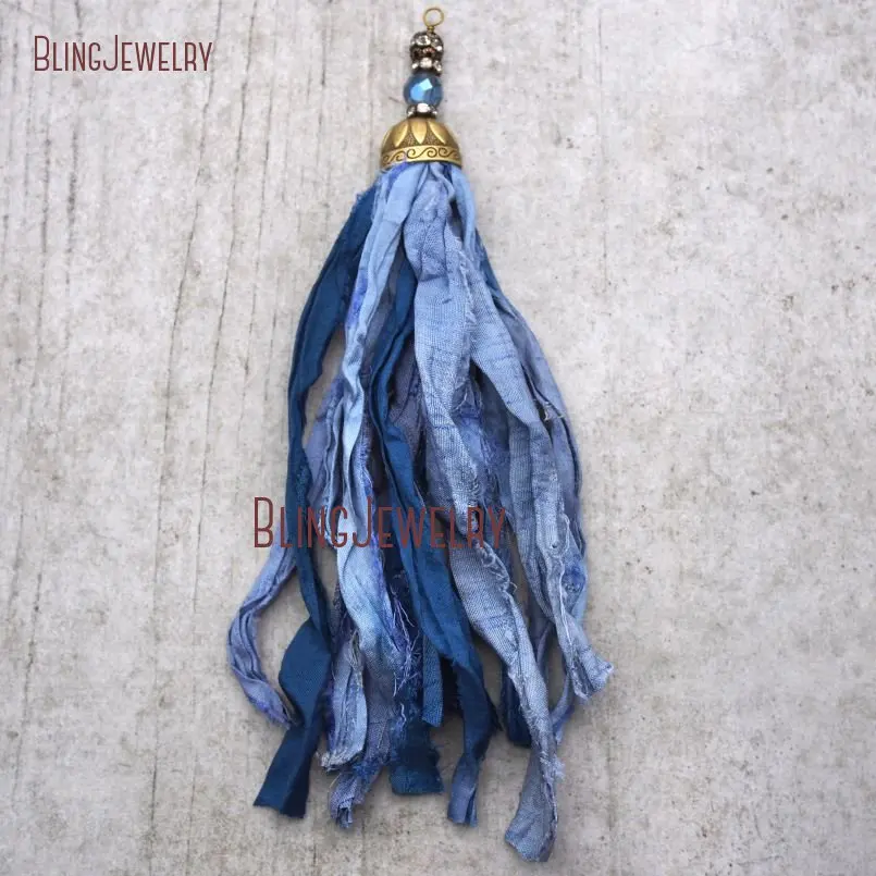 20171213-PM9150- Blue Shades Sari Silk Tassel Pendant  Antique Bronze Color Plated_2