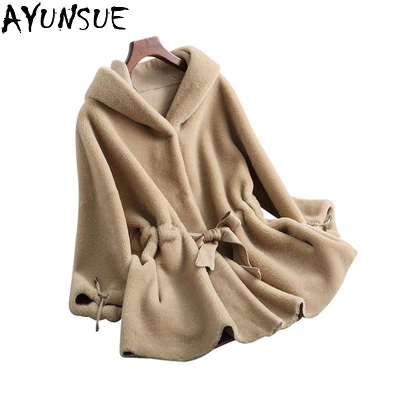 

AYUNSUE Newest 2019 Real Fur Coat Women Autumn Long Hooded Wool Coat Elegant Female Overcoat with Belt Abrigos De Mujer LX2091