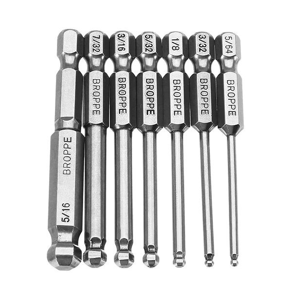 

Broppe 7pcs SAE 5/64-5/16 Inch 65mm Magnetic Ball End Screwdriver Bits 1/4 Inch Hex Shank S2 Steel Electric Screwdriver Bit Set