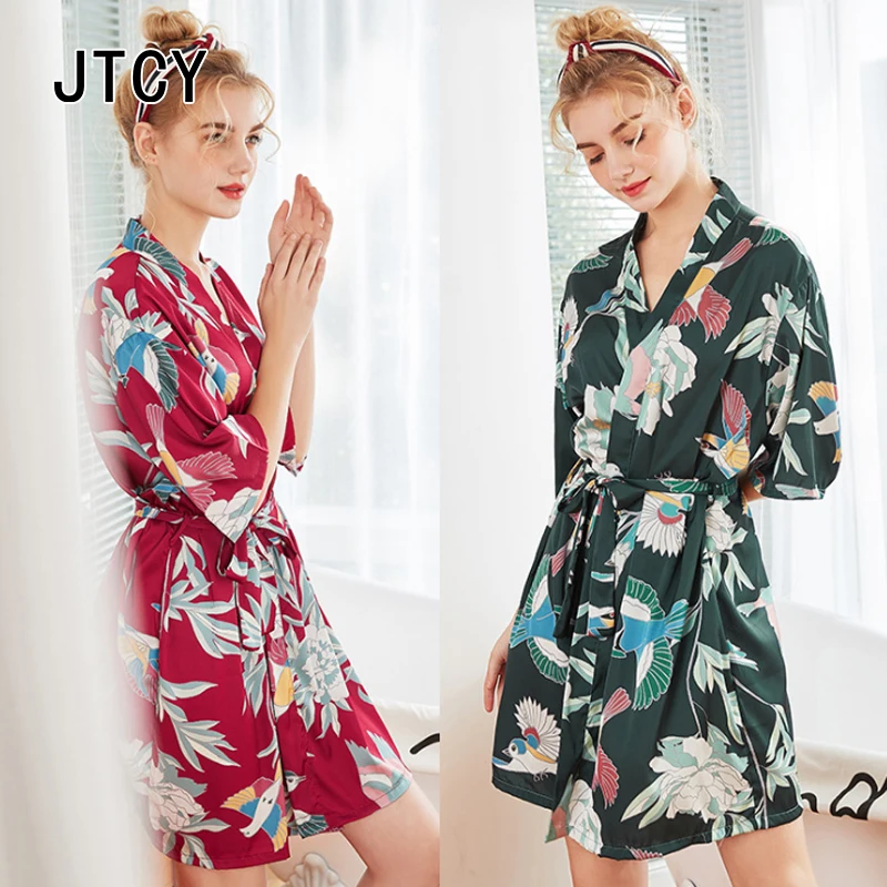 

JTCY Women Summer Faux Silk Robes Print Mini-length Nightwear Loose Half Sleeve Female Sleep Robes Soft Satin Casual Robes