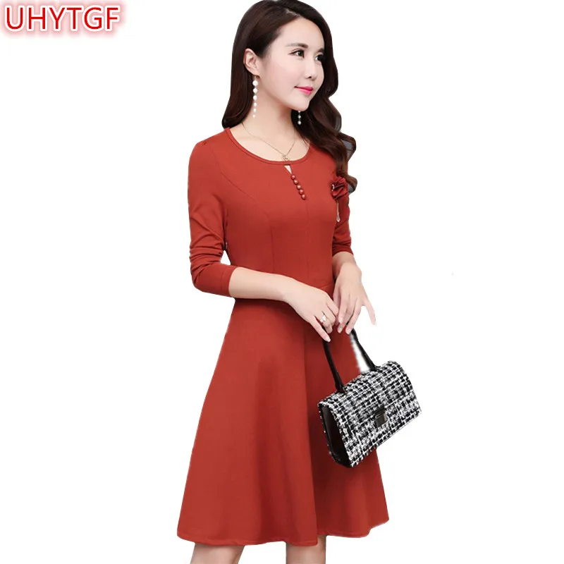 

UHYTGF Plus size Casual Dress Spring Autumn Dress Womens Fashion Slim Long sleeve Ladies Dresses Pullovers Flowers Dresses 57