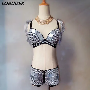 

Silvery Mirror Sparkly Crystals sexy Bikini stage costumes Female singer dancer Rock jazz performance dance suit Bar party show