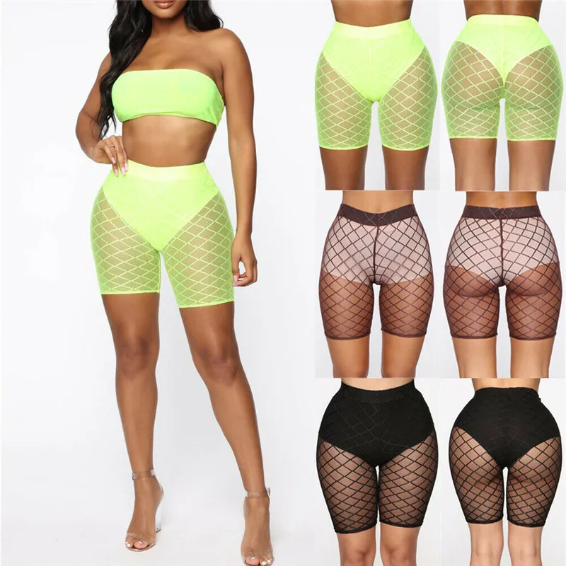 

Women Seexy Mesh Sheer See Through Fishnet Shorts Bikini Cover Up Pants Leggings High Waist Bodycon Pants Cycling Biker Shorts