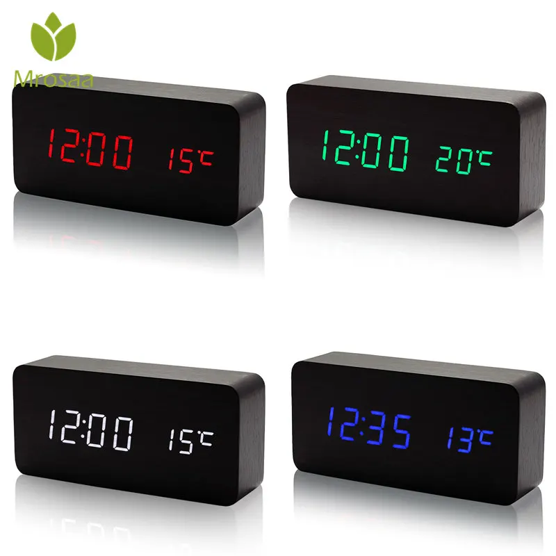 Online Mrosaa madera LED Digital reloj de alarma suena Temperatura de Control 3 modos de visualización de escritorio reloj de mesa electrónicos modernos relojes de tiempo