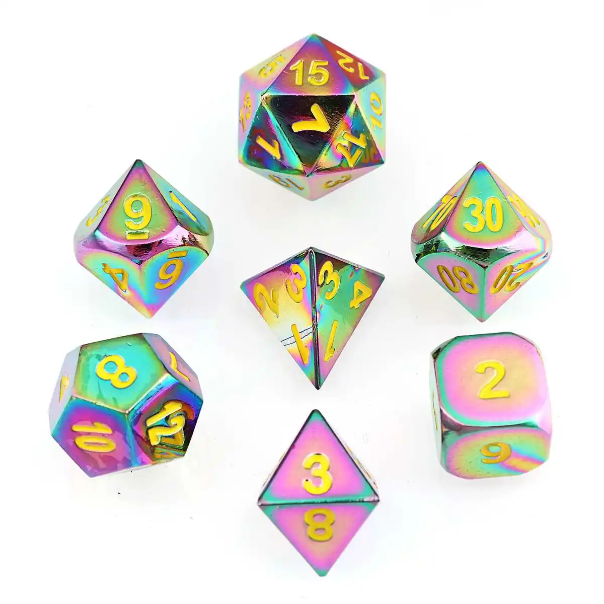 7Pcs/lot Colorful Embossed Heavy Metal Polyhedral Dice Metallic DND RPG MTG Role Playing Game with Bag