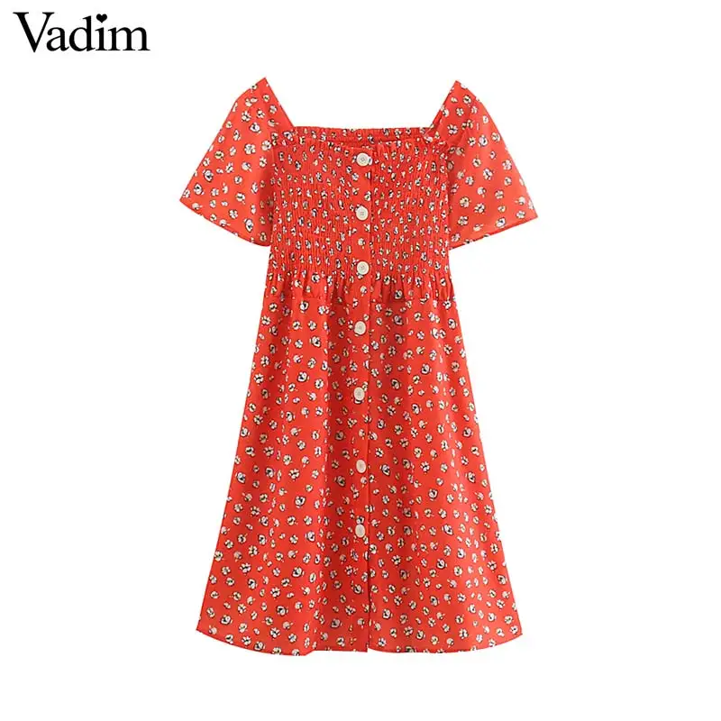 

Vadim women sweet red floral print square collar mini dress short sleeve buttons stretchy design female stylish dresses QC425