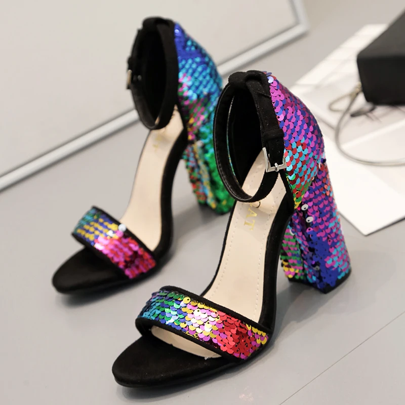 

2019 sequins sandals women summer ladies shoes colorful gold sandals high heel fashion Sequined square bling dance shoes Sexy