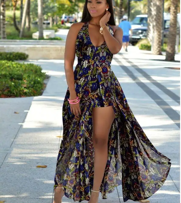 

Vintage Floral Print Halter Chiffon Long Dress Women Backless 2019 Maxi Chiffon Dress Sexy High Split Beach Summer Dress