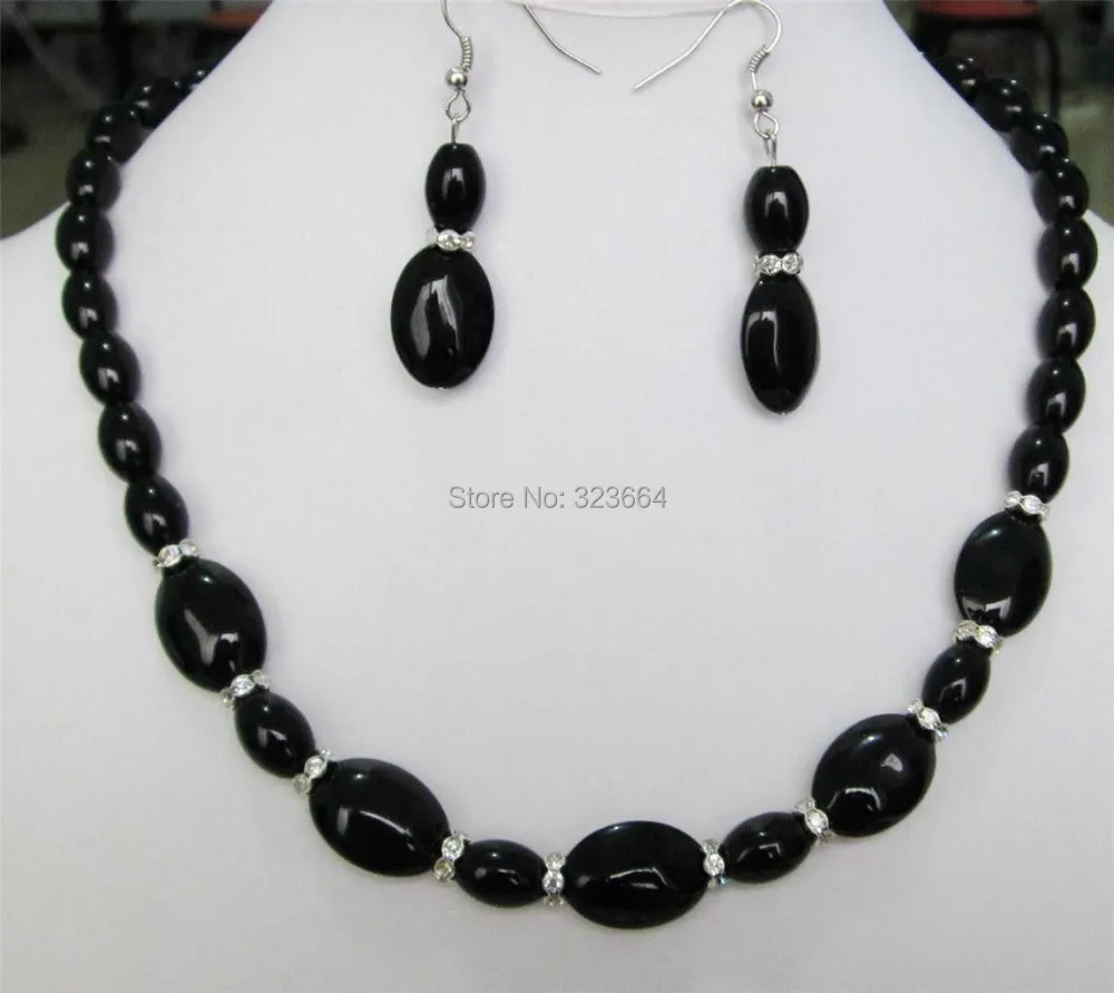 

Beautiful 8x12mm & 13x18mm Black Gems Necklace 18" Earrings set