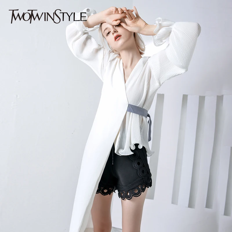 

TWOTWINSTYLE Asymmetrical Chiffon Shirt Tops Female Lantern Sleeve Lace up Women Blouse White Casual Clothes 2019 Summer Autumn