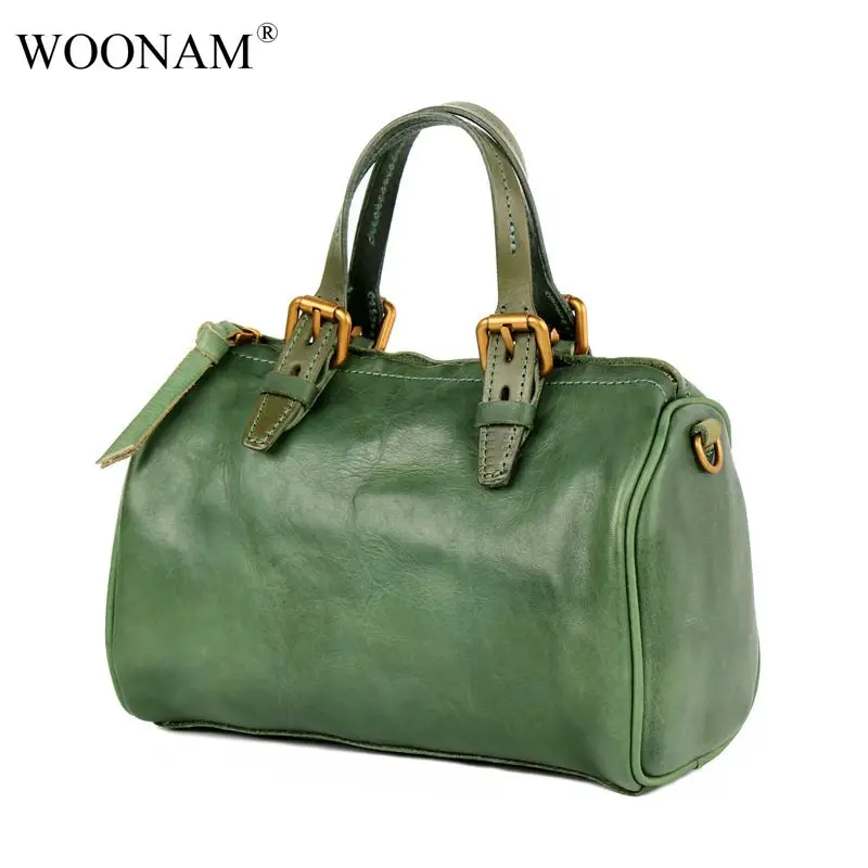 

WOONAM Women Vintage Bag Top Hide Genuine Vegetable Tanned Cow Hide Leather Medium Boston Handbag WB802