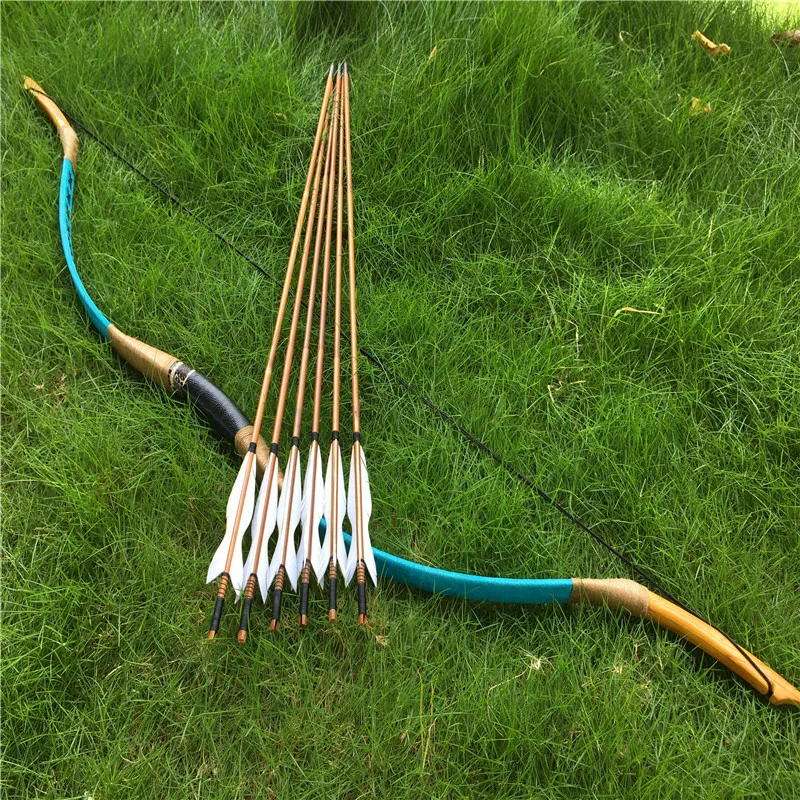 

30-60lbs archery recurve traditional leather longbow +6 bamboo arrows