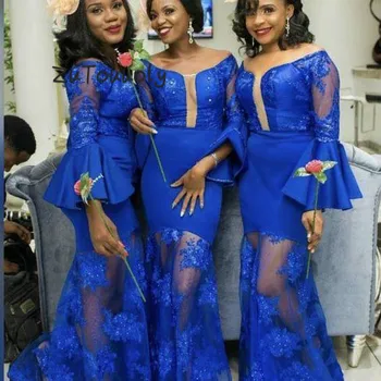 

Chic African Evening Dresses Mermaid Arabic Evening Gown Plus Size Long Sleeve Prom Party Dress Applique Lace Women Formal Wear