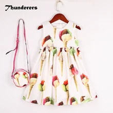 Летнее платье для маленьких девочек; модное платье без рукавов с рисунком мороженого и сумочкой; вечерние платья принцессы высокого качества; одежда для детей
