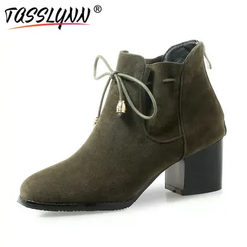 

TASSLYNN 2019 Shoes Women Square High Heels Ankle Boots Lace Up Autumn Shoes Zip Convenient Women Square Toe Boots Size 34-43